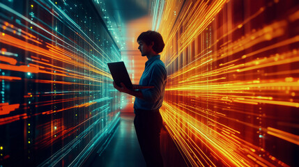 It professional man holding laptop in server room with data streams and focused expression. 