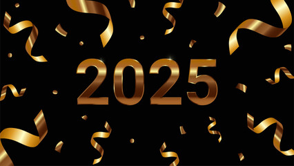 Banner with 3d realistic confetti from party poppers, flying gold ribbon, serpentine streamers on black background, fireworks for new year celebration with empty space. Golden 2025 Vector EPS10