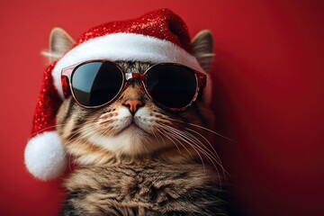 A playful cat wearing sunglasses and a Santa hat, perfect for holiday scenes or whimsical illustrations