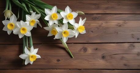 Obraz premium Delicate white daffodils on vintage wood backdrop, vintage, sunlight, fragrant