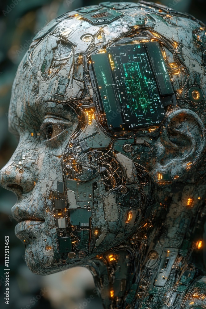 Poster a close-up of a person's head with a circuit board attached, ideal for use in tech-related contexts