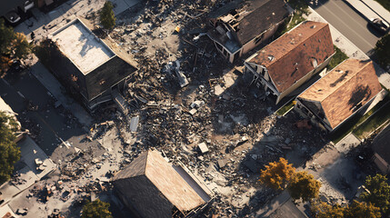 Fototapeta premium Top-down shot of a ruined suburban area post-disaster, wreckage and debris, somber tones, realistic, dramatic shadows, 3d rendering. Ashen. Illustration