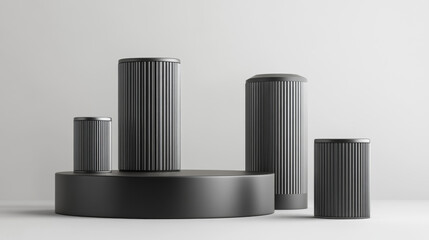 Obraz premium Silver metallic cylinder product podiums of different height. Realistic 3D vector illustration set of grey metal round stands for goods displaying. Geometric pillar platform mockup for awarding winner