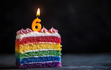 Colorful Rainbow Birthday Cake Slice With a Candle Celebrating a Child's Sixth Birthday in a Dark Background Setup