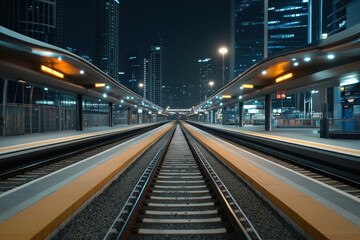 Obraz premium Urban train station platform under night sky with city skyline in background