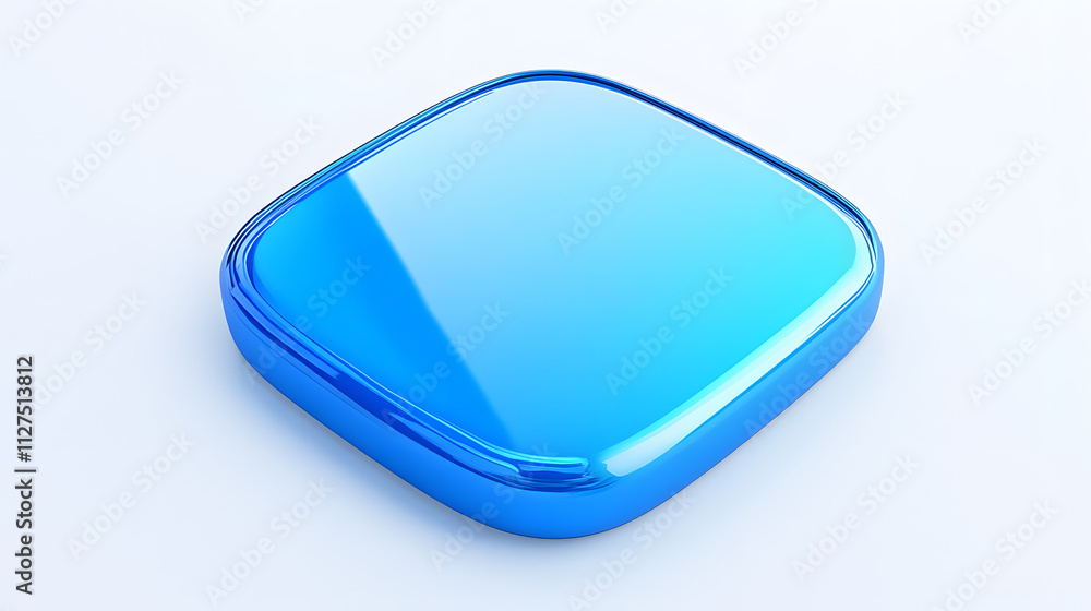 Poster blank mobile application icon, button - blue square with round corners. 3d rendering, white backgrou