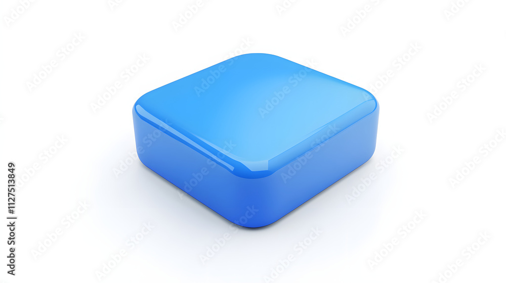 Poster blank mobile application icon, button - blue square with round corners. 3d rendering, white backgrou