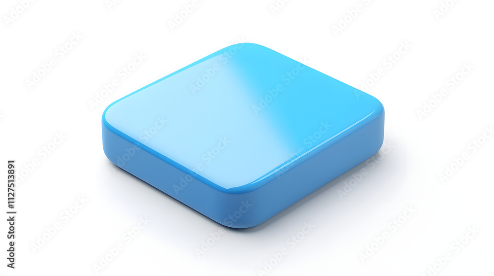 Poster blank mobile application icon, button - blue square with round corners. 3d rendering, white backgrou