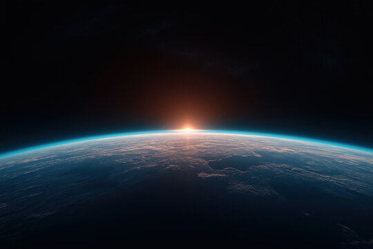 Sunrise over Earth from space highlighting atmospheric colors and curvature - Powered by Adobe