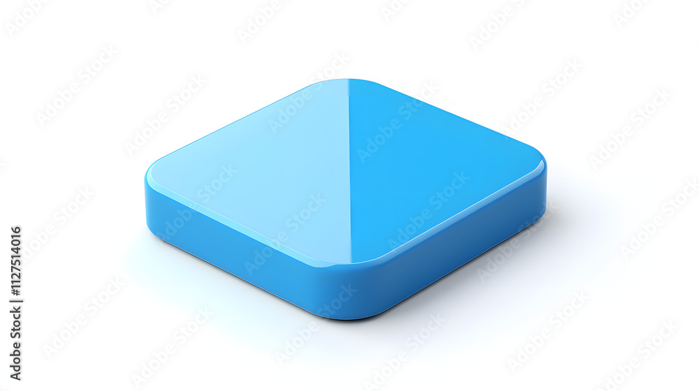 Poster blank mobile application icon, button - blue square with round corners. 3d rendering, white backgrou