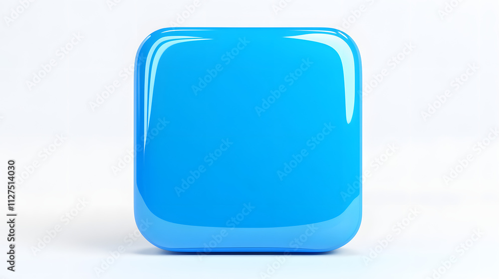 Poster blank mobile application icon, button - blue square with round corners. 3d rendering, white backgrou