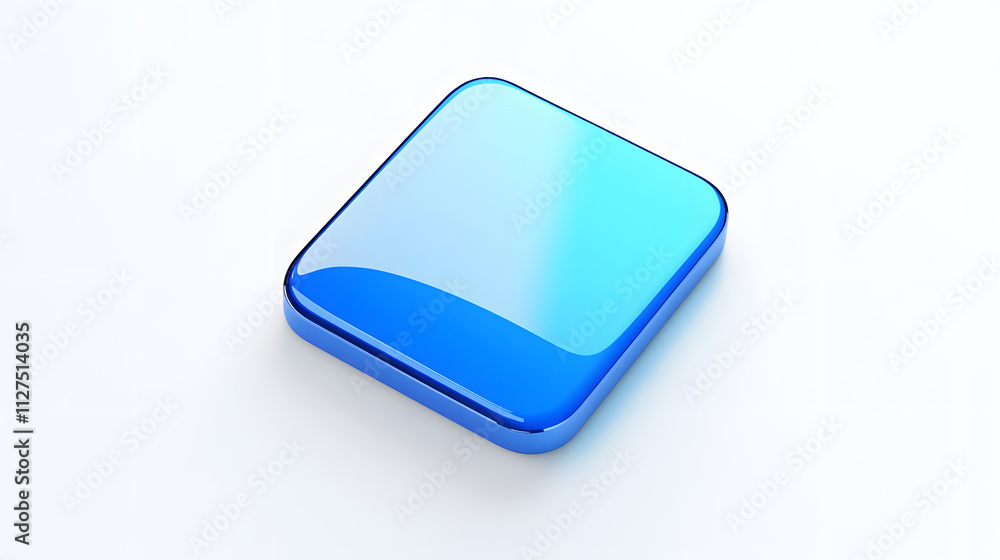 Poster blank mobile application icon, button - blue square with round corners. 3d rendering, white backgrou