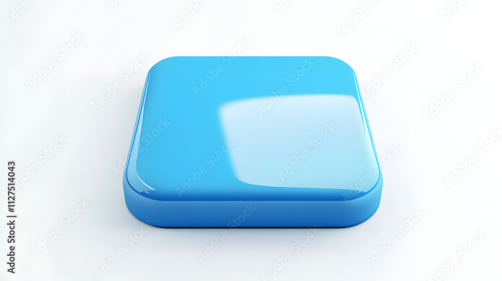 Poster blank mobile application icon, button - blue square with round corners. 3d rendering, white backgrou