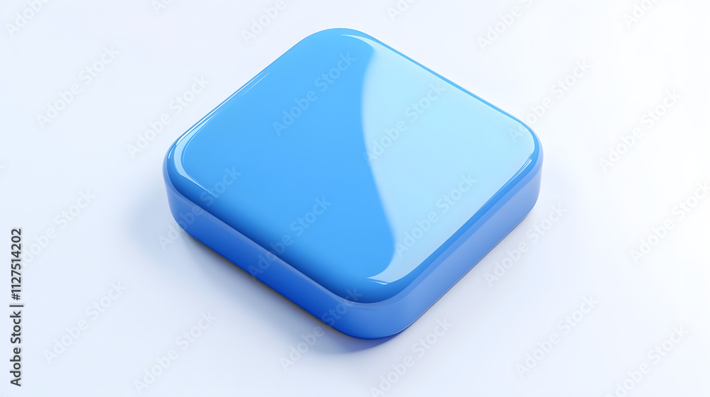 Poster blank mobile application icon, button - blue square with round corners. 3d rendering, white backgrou