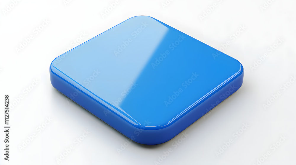 Poster blank mobile application icon, button - blue square with round corners. 3d rendering, white backgrou