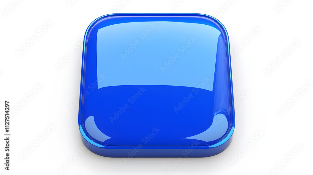 Poster blank mobile application icon, button - blue square with round corners. 3d rendering, white backgrou