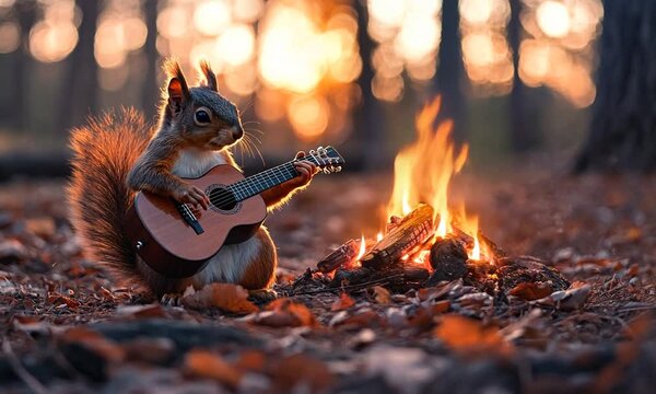 Cute squirrel playing guitar by campfire at sunset.