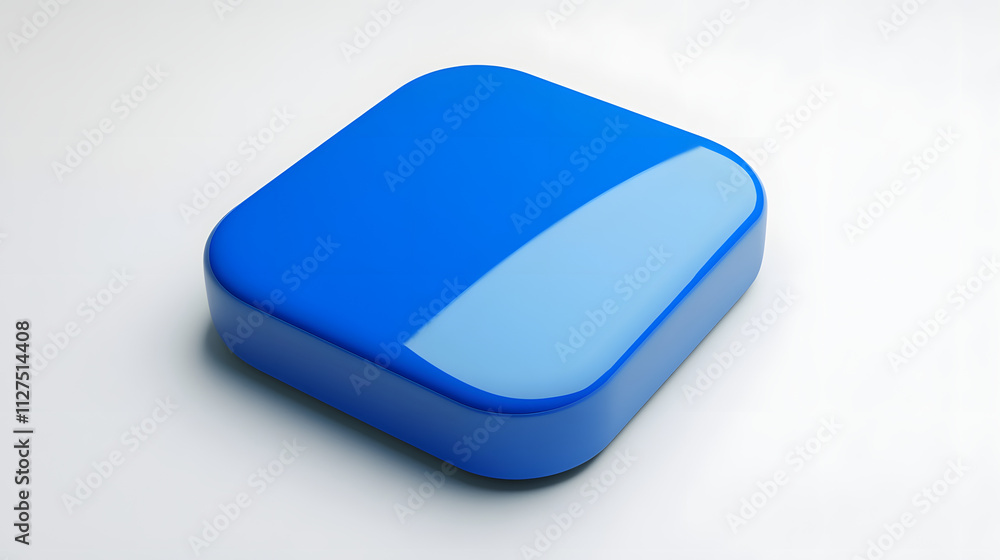 Poster blank mobile application icon, button - blue square with round corners. 3d rendering, white backgrou