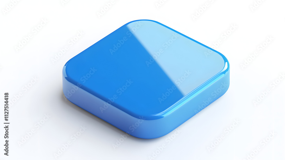 Poster blank mobile application icon, button - blue square with round corners. 3d rendering, white backgrou
