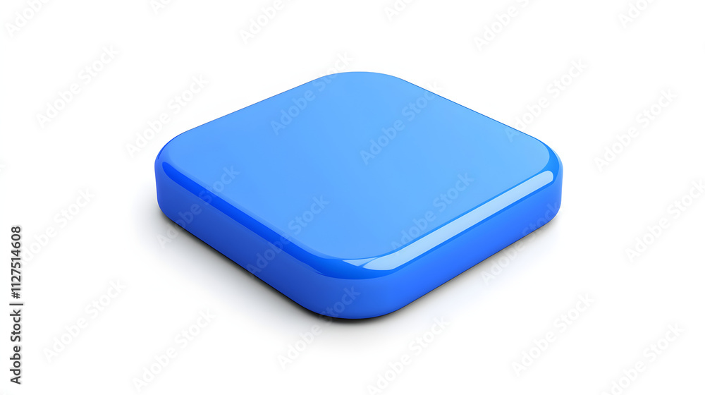 Poster blank mobile application icon, button - blue square with round corners. 3d rendering, white backgrou