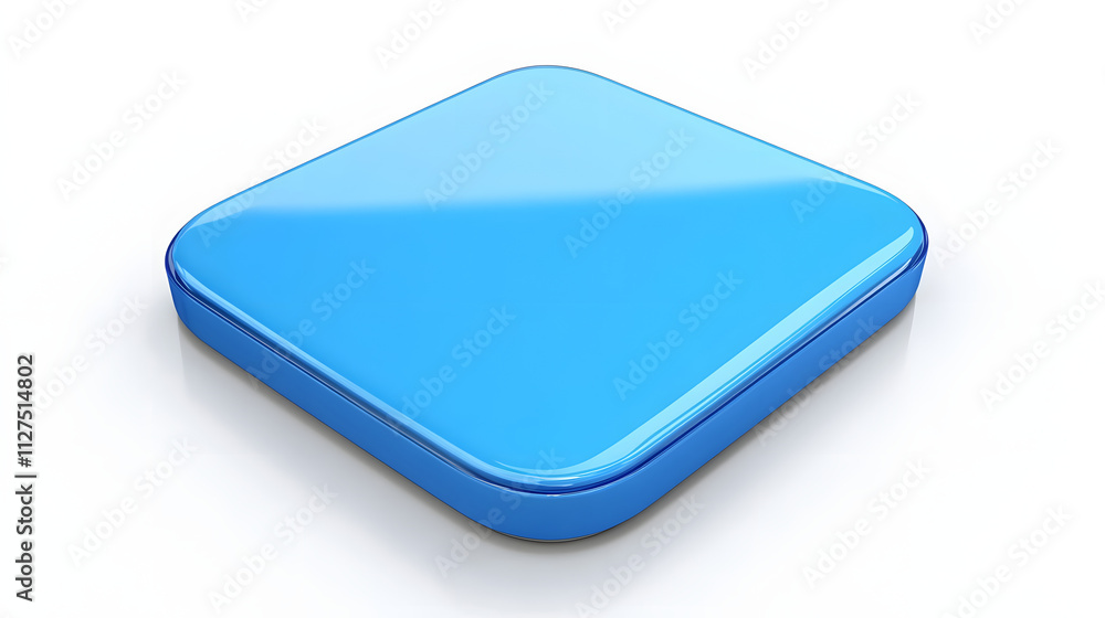 Poster blank mobile application icon, button - blue square with round corners. 3d rendering, white backgrou