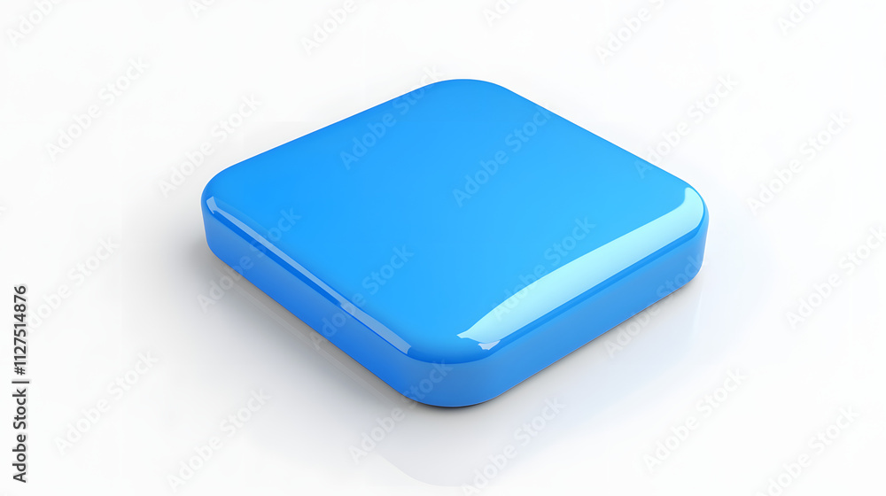 Poster blank mobile application icon, button - blue square with round corners. 3d rendering, white backgrou
