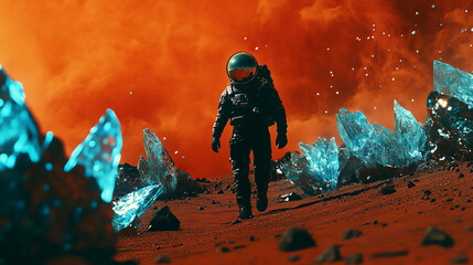 Alien character in spacesuit on Mars surface. Vector cartoon illustration of red planet landscape with rocks, blue crystals and green extraterrestrial astronaut