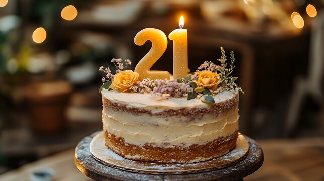 Celebration of a 21st Birthday Marked by a Decorated Cake Featuring a Golden Candle and Fresh Flowers in a Cozy Setting - Powered by Adobe