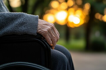 Elderly person in a wheelchair enjoying a sunset in a park