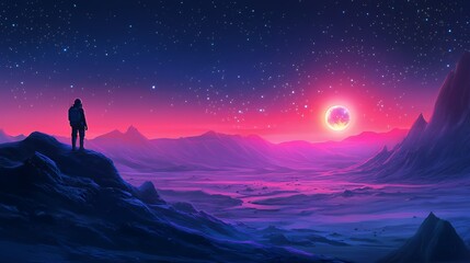 Fototapeta premium Stargazer Observing a Colorful Alien Sunset on a Distant Planet
