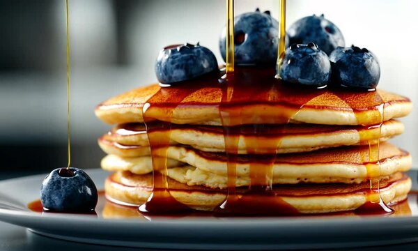 Delicious pancakes stack with blueberries and syrup.