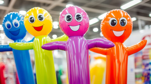 Inflatable tube men, dancing and waving arm advertising characters. Vector cartoon set of air dancers, funny mascot with blowing wind for promotion and attraction isolated on white background