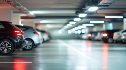 Fototapeta premium Out-of-focus shot of parked cars in a shopping mall lot.