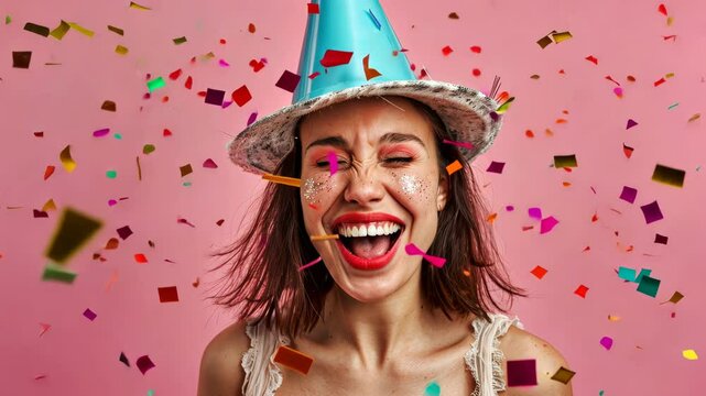 Happy girl in party cone jumping for joy on pink background with confetti falling around. A businesswoman in celebration hat with a festive atmosphere.