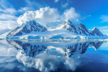 Blue Ice covered mountains in south polar ocean. Winter Antarctic landscape. The mount's reflection in the crystal clear water. The cloudy sky over the massive rock glacier. Travel wild nature