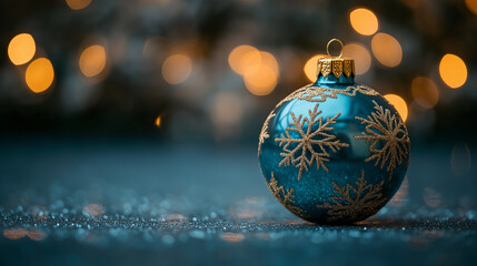 Obraz premium A blue Christmas ornament with gold snowflake patterns, placed on a textured surface with a blurred background of warm bokeh lights