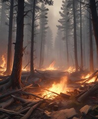 Obraz premium Destructive wildfire flames spreading rapidly through forest floor, destruction, flames