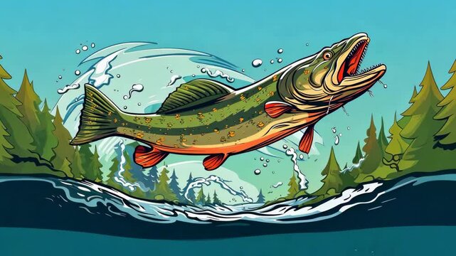A large pike jumping out of the lake water. Big fish in retro style.