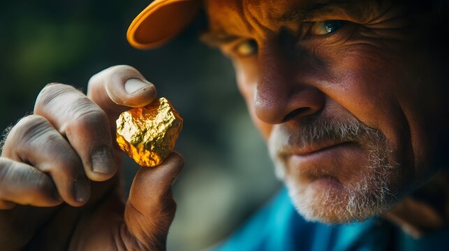 A miner holding a raw gold nugget up to the light inspecting its value and purity.