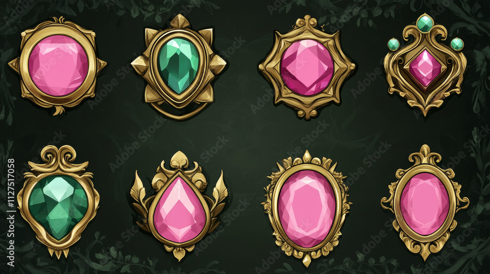 Poster game badges of level number, pink icons with gold frames and green gem. vector cartoon set of golden