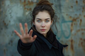 Woman holding a stop sign in a black coat, great for traffic or warning concept