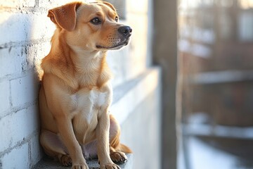 A brown dog is sitting next to a brick wall, great for pet photography or as a symbol of loyalty and companionship
