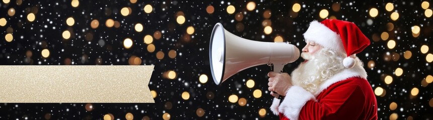 Obraz premium In a festive gathering, Santa Claus uses a megaphone, bathed in the glow of warm lights.