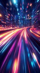 Obraz premium Vibrant Light Trails Convey Speed on a Winding Road Surrounded by City Lights at Night