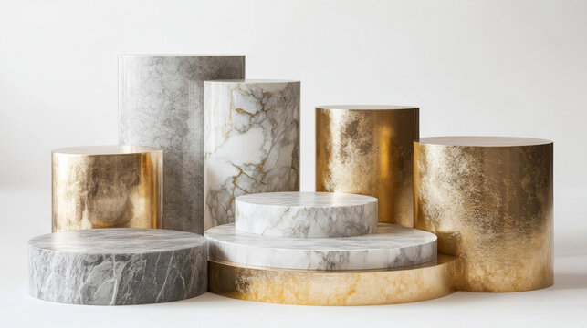 Pedestals from marble and gold for display product, exhibit or trophy. Vector realistic set of empty modern podiums different shapes, stone and golden platforms for showcase, museum or exposition