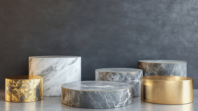 Pedestals from marble and gold for display product, exhibit or trophy. Vector realistic set of empty modern podiums different shapes, stone and golden platforms for showcase, museum or exposition