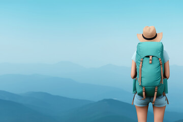 Naklejka premium Exploring the mountains with a backpack on a sunny day