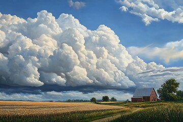 A serene landscape featuring a red barn under a dramatic sky with fluffy clouds.