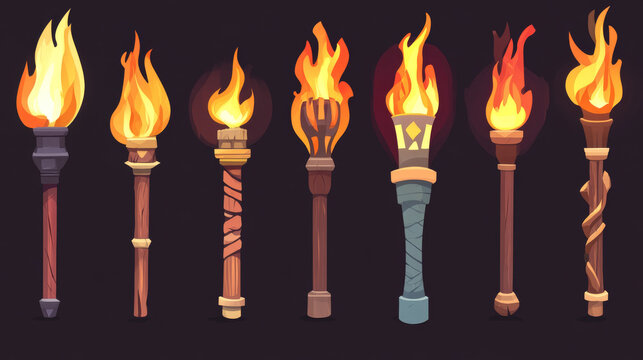 Set of medieval sprite torches with burning fire sequence animation. Ancient wooden brands with flame. Cartoon elements for pc game, flaming torchlight or lighting flambeau isolated vector icons