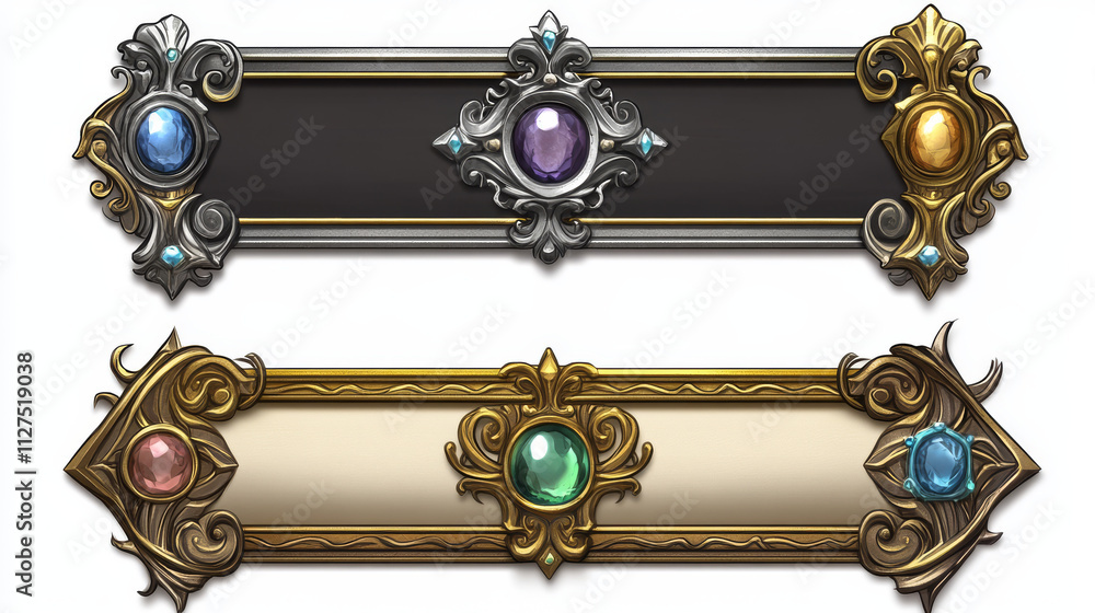 Aufkleber fantasy gold and silver frames in medieval style for rpg game ui design. vector cartoon set of empty